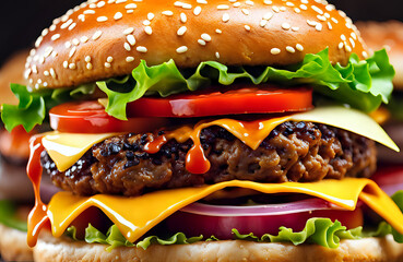 Delicious fresh hamburger. Succulent american burger. Tasty juicy cheeseburger