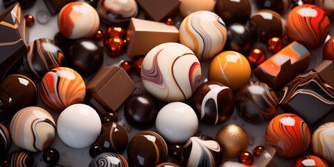 Close up generative AI picture of various tasty chocolate pralines candies