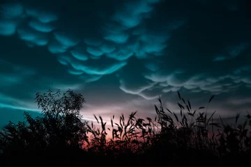 Fotobehang Mammatus clouds in a dramatic sunset sky. Cumulus clouds before an evening thunderstorm. © Ренат Хисматулин