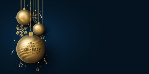 Christmas background with decorations of glittering golden hanging balls, flying confetti, snowflakes and stars. Happy New year banner. Vector illustration.