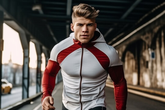 Energetic Young Woman in Sportswear Jogging Down the Road