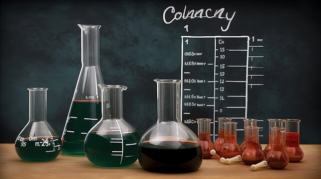 Chemical flasks and blackboard with formulas. generative ai
