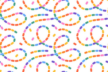 Naive seamless dotted squiggle pattern with bright colored wavy lines on a light background. Creative abstract squiggle style drawing background.