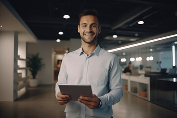 A financier man in business clothes smiles, in a jacket and shirt uses a computer tablet to work online. Workplace in the office.