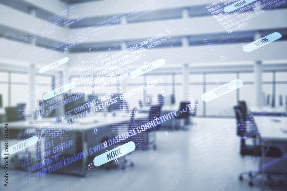 Poster Abstract virtual coding illustration and world map on a modern furnished classroom background, international software development concept. Multiexposure