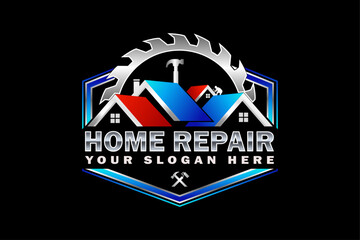 High quality colorful home repair, roofing, remodeling, handyman, home renovation, decor logo