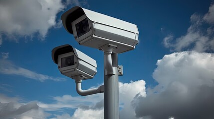 CCTV security camera on cloud sky background. generative ai