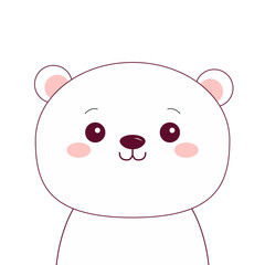 White polar bear face. Black contour doodle silhouette. Kawaii animal. Cute cartoon character. Funny baby with eyes, nose, ears pink cheeks. Love Greeting card. Flat design. White background