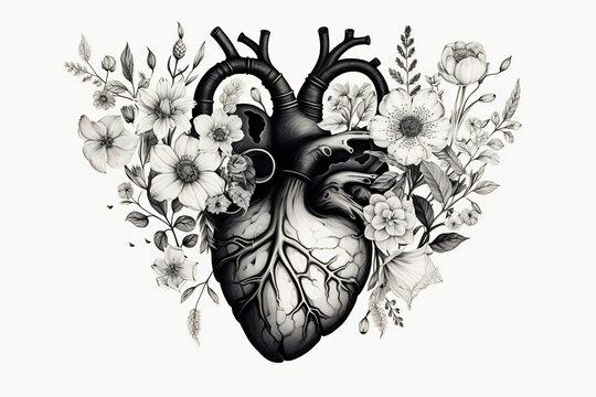 Valentines day card. Anatomical heart with flowers. Black and white ink illustration