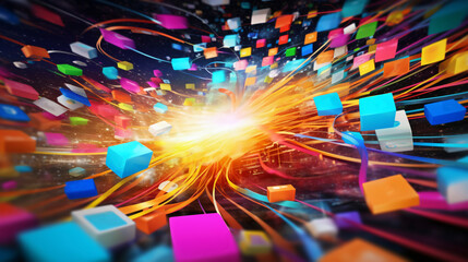 A graphic of colorful cubes and a maelstrom of light in the middle for grafik Design