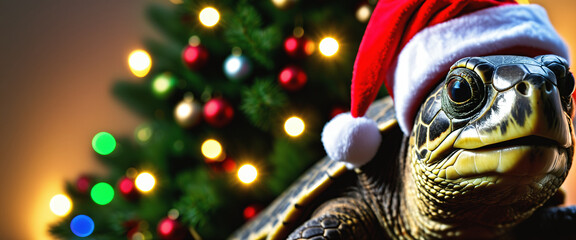 A turtle wearing Santa Claus hat in front of a Christmas tree