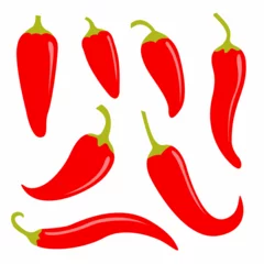Fotobehang Chili hot pepper icon set. Fresh red chili cayenne peppers. Hot food spices. Flat design. White background. Isolated. © worldofvector