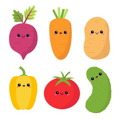 Vegetable icon set. Cute cartoon kawaii character with smiling face, eyes. Root, beet, carrot, potato, pepper, tomato, cucumber. Kids education. Vegetables collection. Flat design. White background