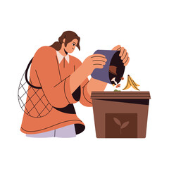 People separate garbage, sorting trash, segregating waste. Woman with bag throw organic, biodegradable scraps from bucket to dumpster. Sustainable lifestyle. Flat isolated vector illustration on white © Paper Trident