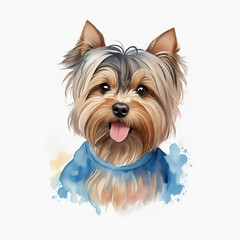 Watercolor cute smiling face of Yorkshire Terrier, white background
