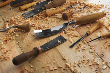 Carpentry tools on a wood table. Woodworking products, services, or hobbies