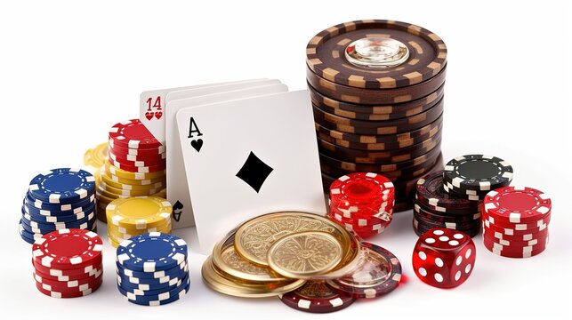 Casino o gambling concept. Roulette, casino chips, cards and dic