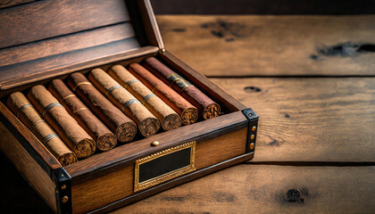 Box of Cuban cigars in a wooden box over wooden table.