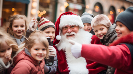Fototapeta premium Santa Claus taking a selfie with children. Santa Claus with people taking a photo. Christmas Celebration with Santa Claus.