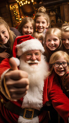Santa Claus taking a selfie with children. Santa Claus with people taking a photo. Christmas Celebration with Santa Claus.