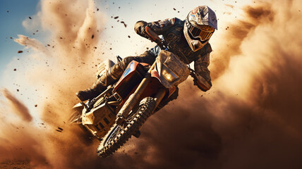 Dirt bike rider racing down a dirt track. Motocross rider in action. - obrazy, fototapety, plakaty