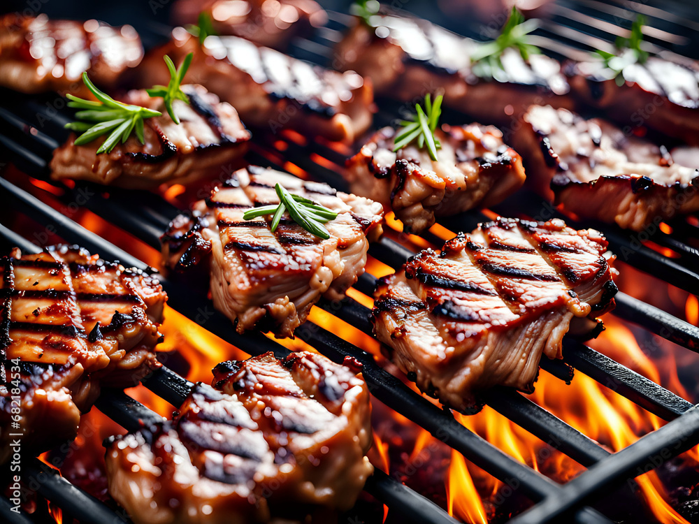 Wall mural grilled meat steak on stainless grill depot with flames on dark background. barbecue or bbq, food an