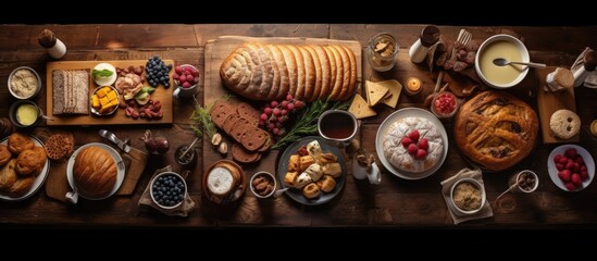 From a top view, the breakfast consisted of a delicious spread of baked goods from the local bakery, including turkey-filled bread, crisp pastries with sesame seeds, and a wooden board topped with a - obrazy, fototapety, plakaty