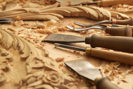 Set of Various Woodworking Chisel on wooden desk