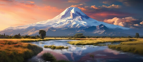 In the breathtaking landscape of Latin America's Ecuador, the towering Cotopaxi volcano stands majestic against the sky, its snow-capped peak reflecting sunlight off the glacier-covered slopes, while - obrazy, fototapety, plakaty