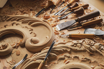 Carpenter working with his tools in his workshop. Cutting a piece of wood