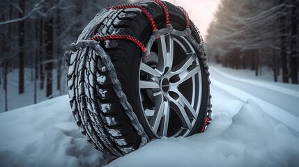 Car wheel with winter tire and snow chain in snow forest. genera - obrazy, fototapety, plakaty