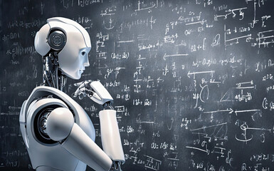 Humanoid robot or cyborg in front of a blackboard with scientific formulas.