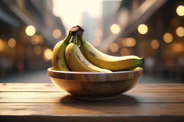 Bowl banana on wooden tabletop, street background 