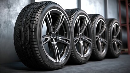 Car wheels. Four new black tyres with alloy discs in garage. gen - obrazy, fototapety, plakaty