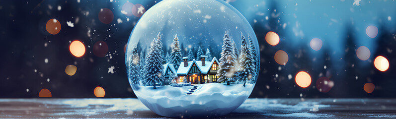 Christmas glass ball. Crystal ball with water and Christmas scene. Crystal ball with snow, houses, trees, stars, christmas balls...
