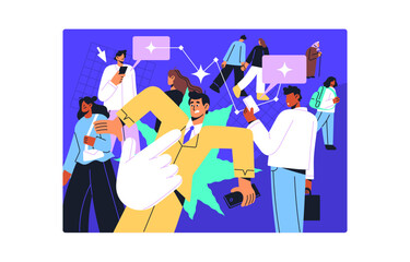 Fototapeta na wymiar Smm, social media, network concept. Cursor choose person in crowd to follow. Targeting advertising. Online communication. People chat in internet by smartphone, send messages. Flat vector illustration