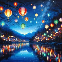 Dreamy surreal stars with glowing candles lights reflection night sky christmas happy new year celebration oil painting festivals holidays winter galaxy trails hot candle balloons illustration art bg
