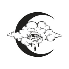 Dripping eye in the cloud with crescent moon, crying skies allseeing eye of god graphic tattoo or print design isolated vector illustration
