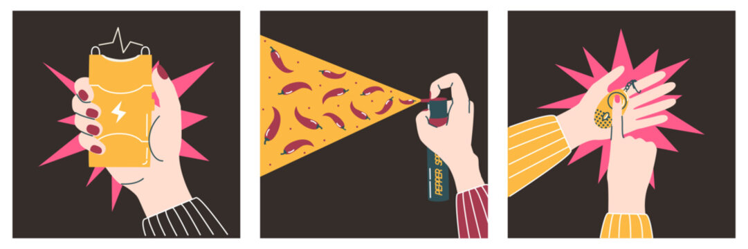 Hands using stun gun, pepper spray, personal alarm, self-defense concept