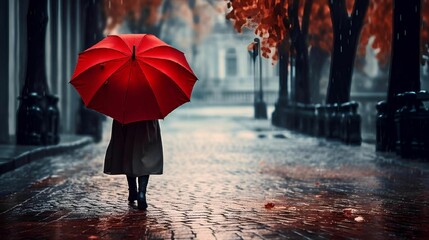 AI generated illustration of a female carrying a red umbrella walking on a sidewalk