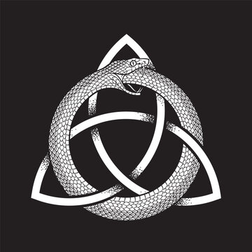 Ouroboros or uroboros serpent snake consuming its own tail and ouroboros. Tattoo, poster or print design vector illustration