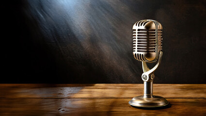 Retro style vintage microphone over a wooden table with black background with copy space.