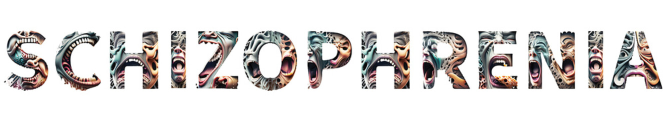 The word schizophrenia made of abstract human face patterns. - obrazy, fototapety, plakaty