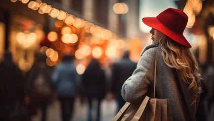 Foto op Aluminium A Woman in a Red Hat Strolling Along a Vibrant City Street © Marius