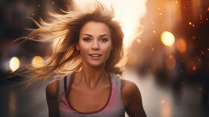 Beauty isolated woman jogging running outdoor on defocused bokeh flare background at sunset