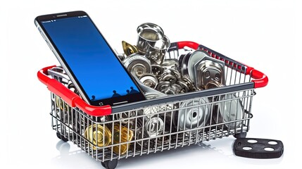 Car parts, spares and accesoires in shopping basket and smartpho - obrazy, fototapety, plakaty