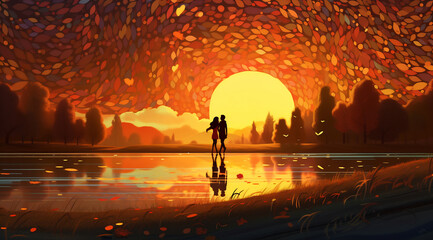 Couple lovers in park, under tree, in sunset Valentine's day illustration