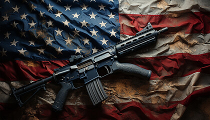 Handgun lying on American flag. United states of America and weapons concept. USA flag. Gun law in America VS - obrazy, fototapety, plakaty