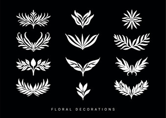 Hand drawn floral elements in line art style. Greenery for decoration, wild and garden plants, branches, leaves. Vector illustration for logo, tattoo, wedding invitation, save the date card