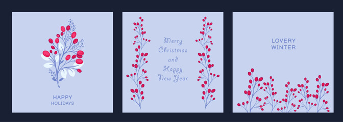 Set minimalistic universal holiday cards. Winter templates unique  floral hand drawn ornament. Vector illustrations of printing, instagram poster, corporate invitation, greeting cards, banner.